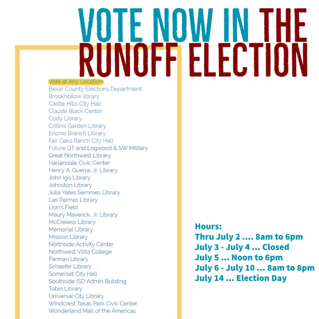 Vote in the primary runoff. Election day is July 14 and early voting is going on now.