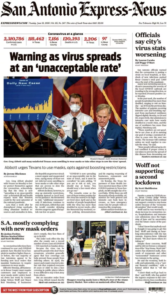 San Antonio Express-News front page on June 23, 2020
